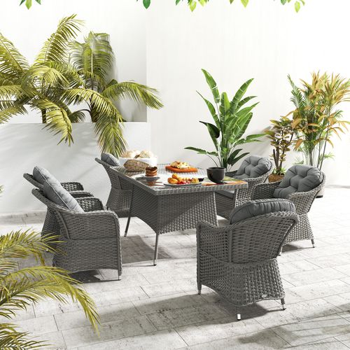 Outsunny PE Rattan Garden Dining Set for 6 with Seat and Back Cushions