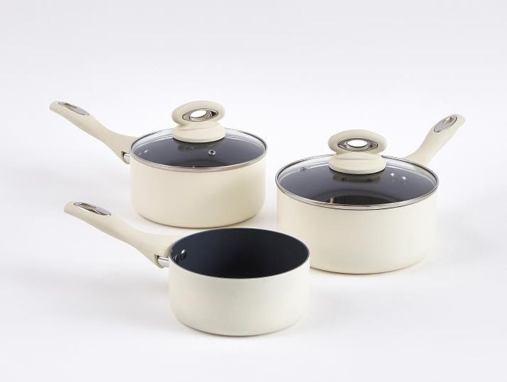 Cermalon Cream 5 Piece Cookware Set - Complete Pan Set with Tempered Glass Lids and Non-Stick Coating