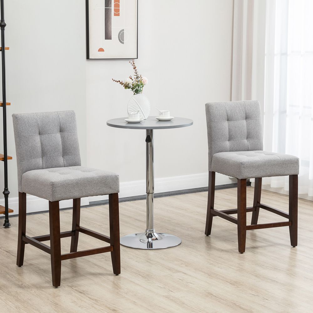 Set of 2, Thick Padding Stool, Bar Chairs with Tufted Back Wood Legs, Grey
