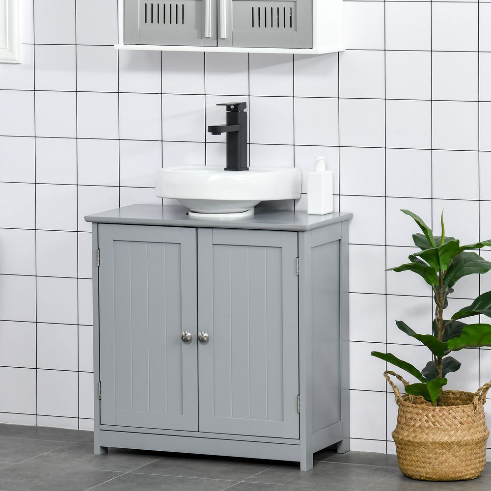 kleankin 60x60cm Under-Sink Storage Cabinet w/Adjustable Shelf Handles Drain Hole Bathroom Cabinet Space Saver Organizer Grey