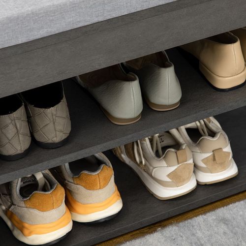 HOMCOM Upholstered Entryway Shoe Bench with Storage Open Shelves, Grey