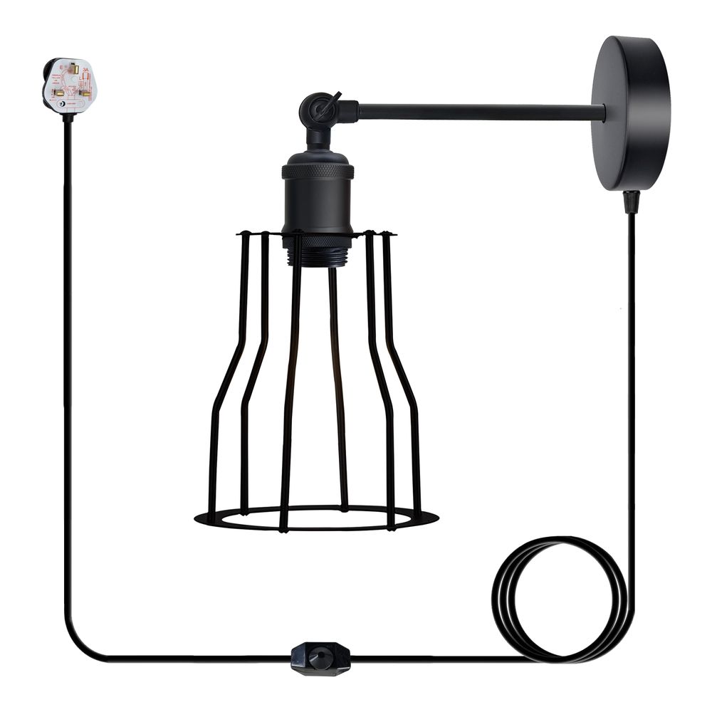 Black Vintage Industrial Light Plug in Wire cage E27 Wall Lamp~5059