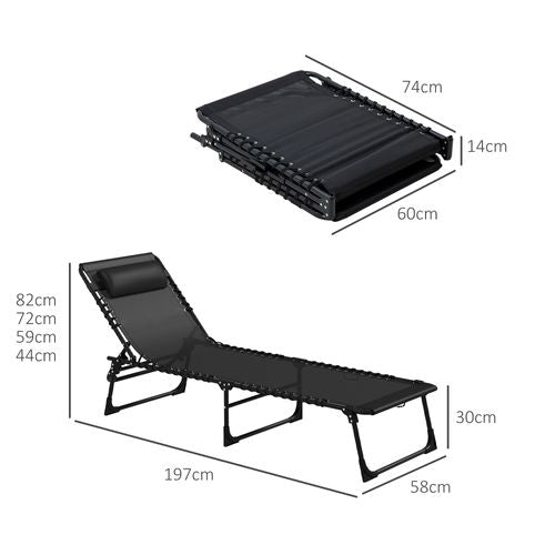 Outsunny 2 Pcs Folding Beach Chair Chaise Lounge 4 Adjustable Positions, Black