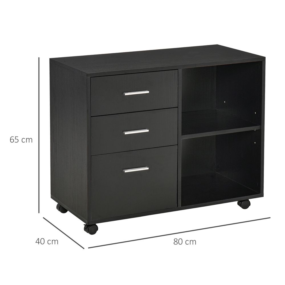 HOMCOM Freestanding Printer Stand Unit Office Desk Side Mobile Storage w/Wheels 3 Drawers, 2 Open Shelves Modern Style 80L x 40W x 65H cm - Black