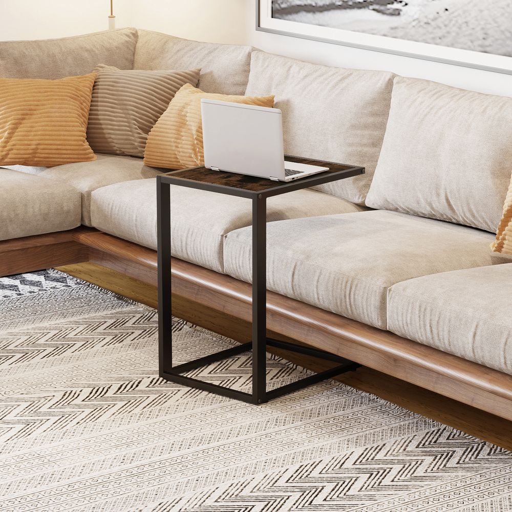 Industrial Steel Frame C-Shaped Side Table in Brown - HOMCOM