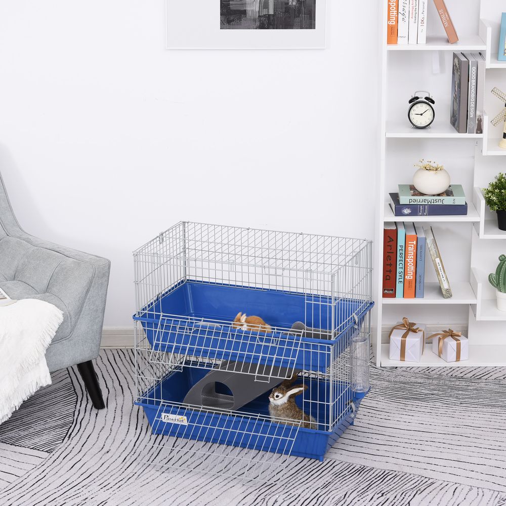 PawHut Double Tier Small Animal Cage Rabbit Chinchillas Cage w/Ramp Food Dish Water Bottle Deep Trays Pet Home 72 x 44 x 67 cm