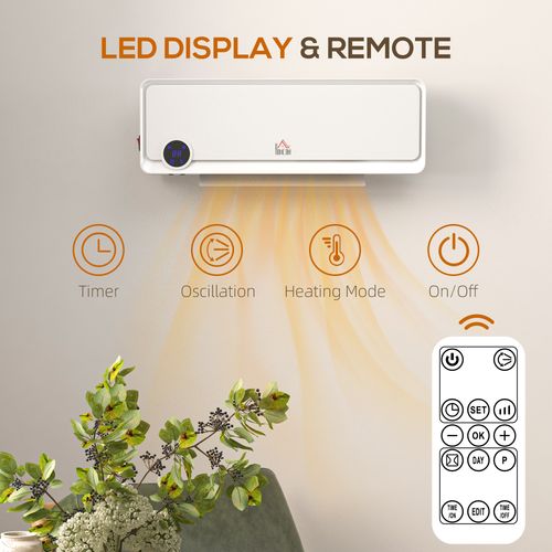HOMCOM 1000W/2000W Wall Downflow Heater 10-49°C Temperature w/ Timer Remote
