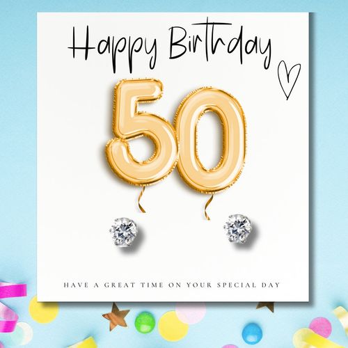 Small 50th Birthday Gold Balloons Gift Hamper - Cubic Zirconia Earrings, Chocolates & Candle