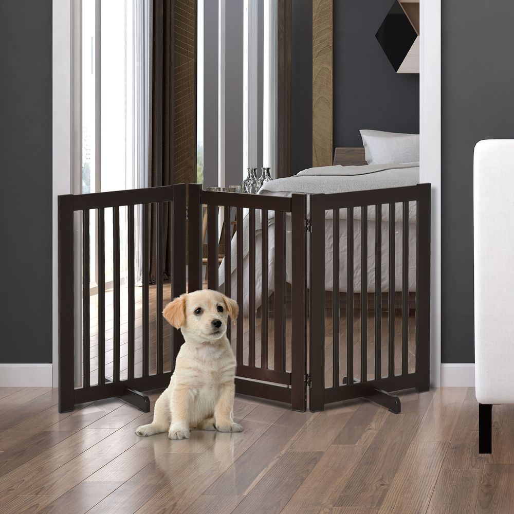 PawHut Freestanding Dog Gate Wood Doorway Safety Pet Barrier Fence Foldable w/Latch Support Feet Deep Brown, 155 x 76 cm
