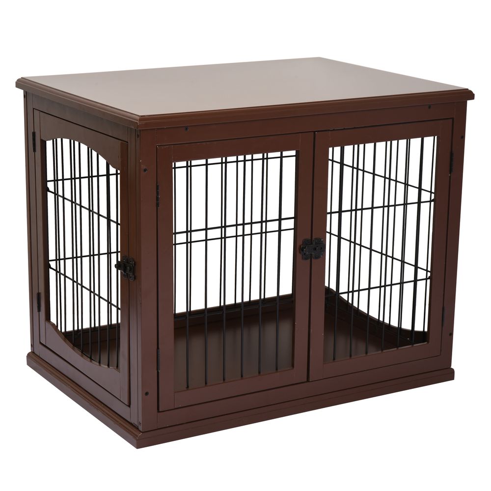 PawHut Dog Crate, Furniture Style Puppy Cage End Table, Pet Kennel House with 3 Doors for Small Dog, Brown 81 x 58.5 x 66 cm