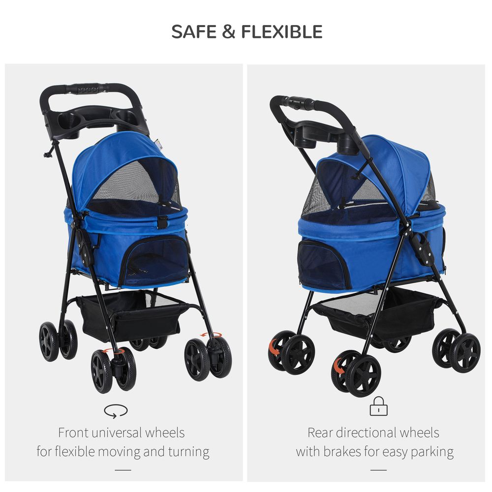 PawHut Dog Pram Dog Stroller Foldable Pet Pushchair with 4 Wheels, Safety Leashes, Cup Holder for Small Dogs, Blue