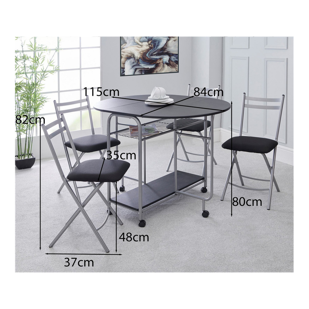 Greenhurst Stowaway Dining Set, Drop Down Table & 4 Folding Chairs, Max Table Size: L115 x D84 x H80cm (Black and Silver)