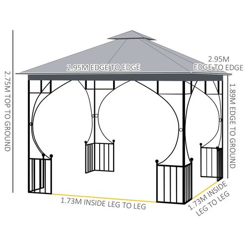Outsunny 3 x 3(m) Garden Gazebo Patio Party Tent Shelter Outdoor Canopy Double Tier Sun Shade Metal Frame Netting Light Grey