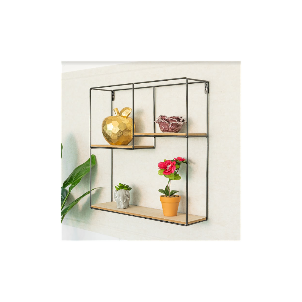 SHLEDECOR Square Black Wall Unit with Shelves Metal and Wood Multi Section