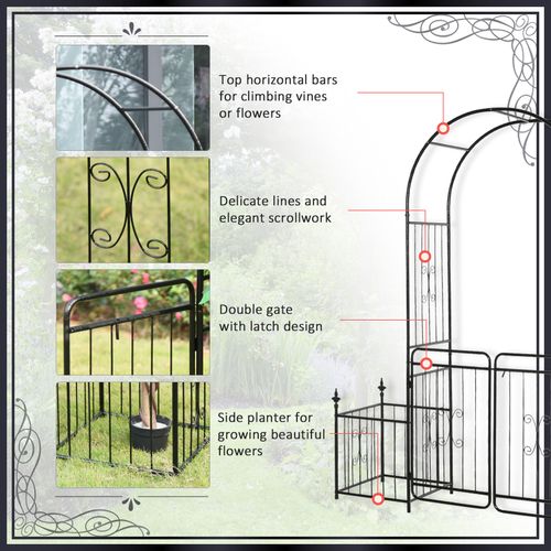 Outsunny Metal Garden Arbor Arch Gate w/ 2 Side Planter Boxes & Vine Frame