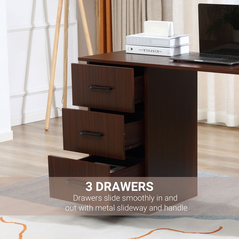 HOMCOM Computer Desk, Writing Table, PC Workstation with 3 Storage Shelves and Drawers, Black Handle, for Home Office, Walnut Brown