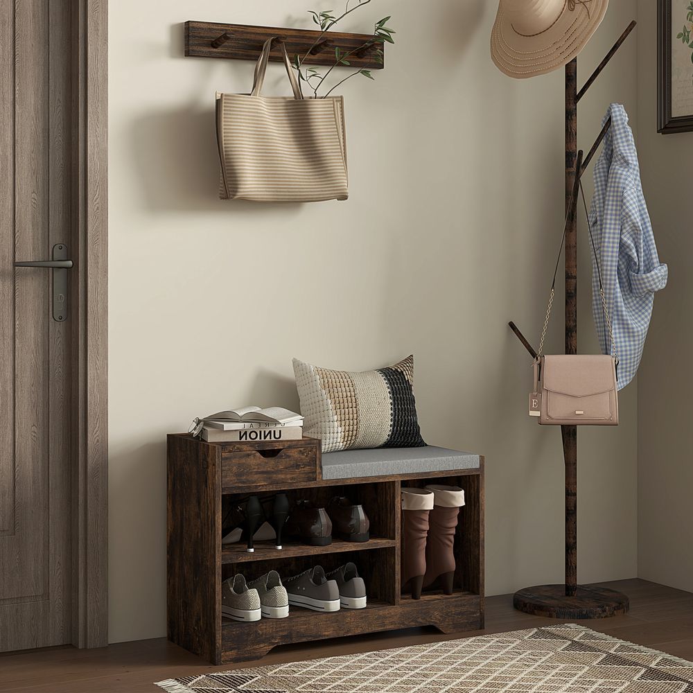 HOMCOM Upholstered Entryway Shoe Bench with Storage Drawer Open Shelf Brown