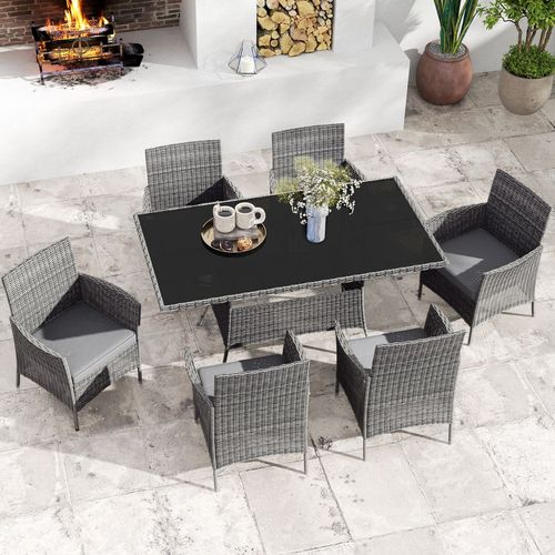 Outsunny Rattan Dining Set for 6 with Cushions, Glass Top Table