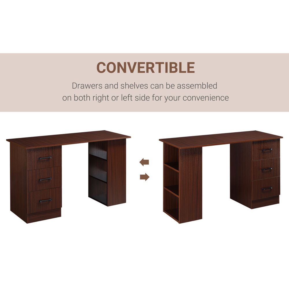 HOMCOM Computer Desk, Writing Table, PC Workstation with 3 Storage Shelves and Drawers, Black Handle, for Home Office, Walnut Brown