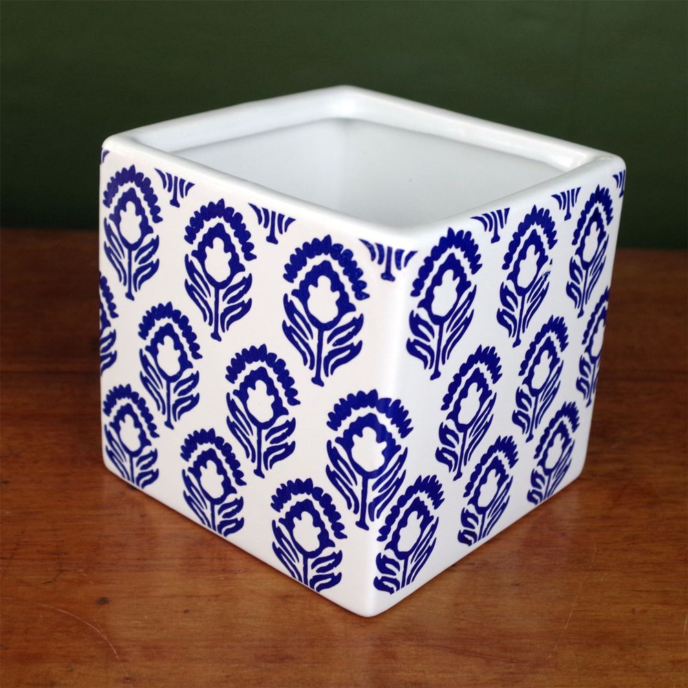 Botanik Ceramic Cube Planter - Blue & White Print - 12cm x 12cm