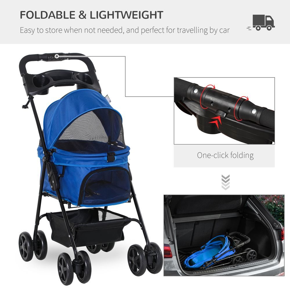 PawHut Dog Pram Dog Stroller Foldable Pet Pushchair with 4 Wheels, Safety Leashes, Cup Holder for Small Dogs, Blue