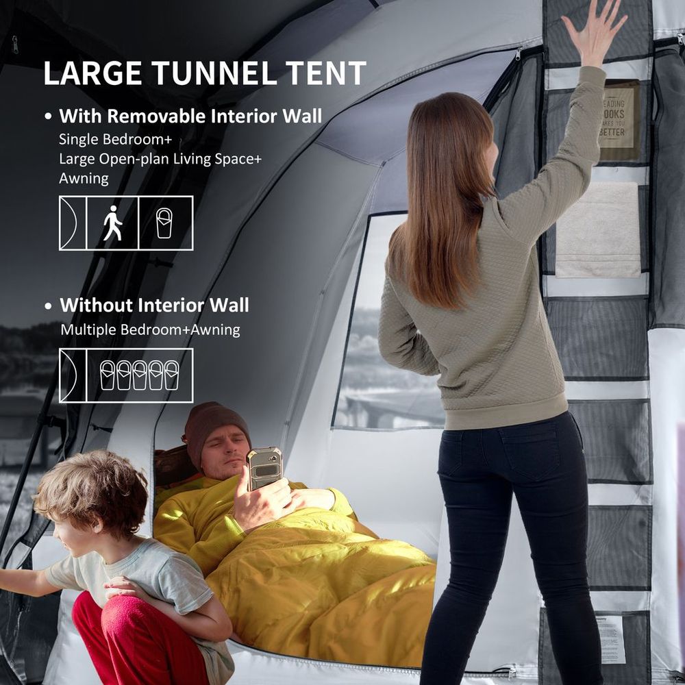 Premium 8-Person Camping Tent with Tunnel Design, 4 Large Windows, Dark Grey