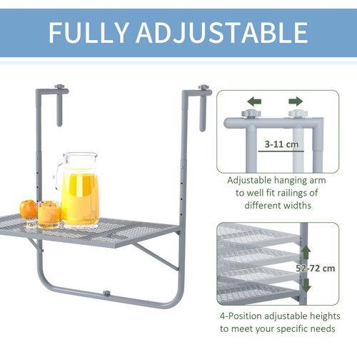 Outsunny Balcony Hanging Table Wall Mount Adjustable Folding Desk Patio Grey