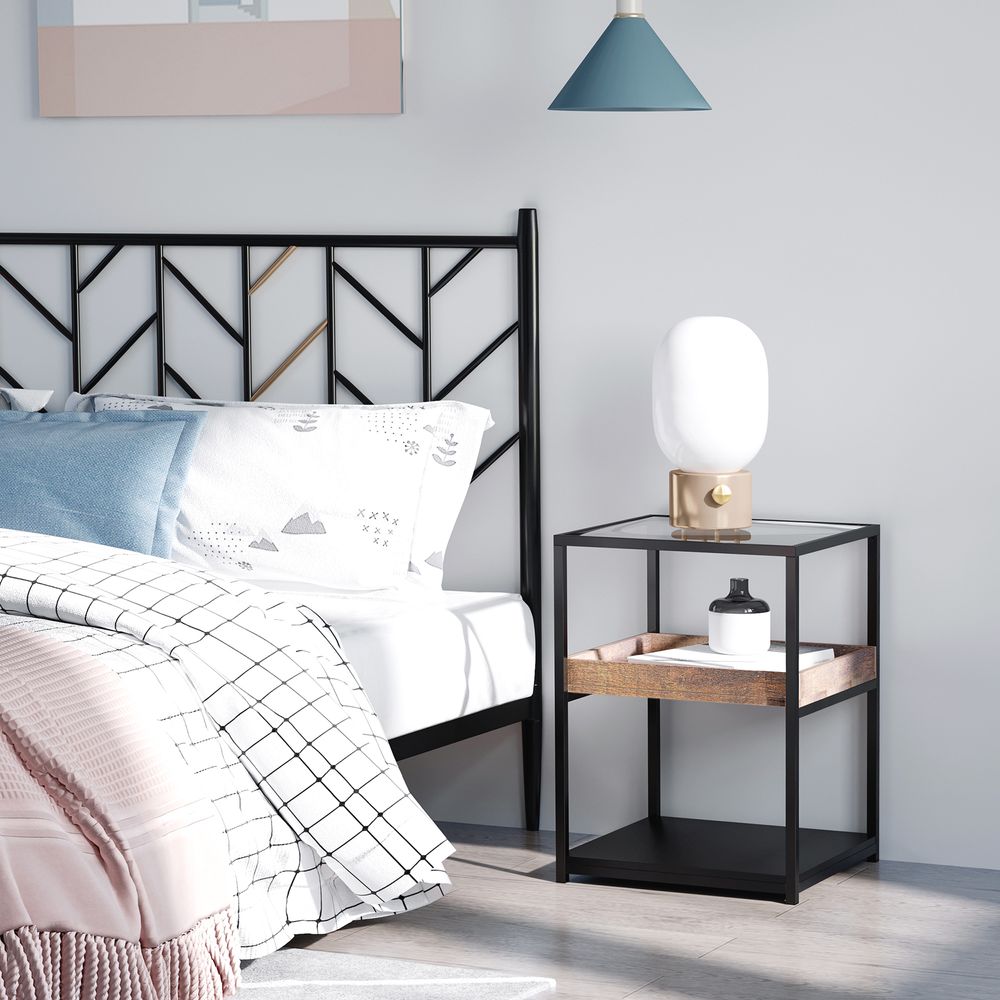HOMCOM Industrial Side Table, 3-Tier End Table with Glass Top, Storage Shelves, Nightstand with Steel Frame for Bedroom, Living Room, Rustic Brown