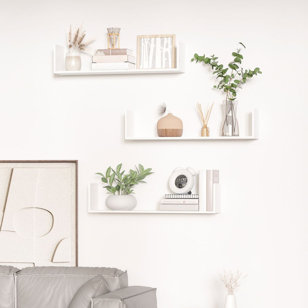 HOMCOM Set of 3 Wooden U-Shaped Floating Shelves Set Wall Mounted Hanging Bookshelf CD DVD Storage Display for Bedroom Living Room Kitchen, White