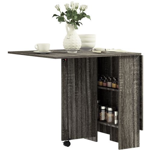 HOMCOM Mobile Drop Leaf Dining Table Folding Desk w/ 2 wheels Storage Shelves