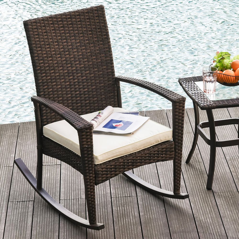 Outsunny Outdoor PE Rattan Rocking Chair, Garden Rocking Chair Set with Armrest and Cushion, Brown
