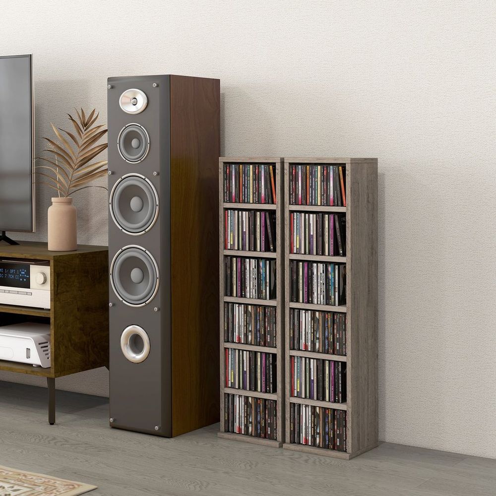 HOMCOM Set of 2 CD Media Display Shelf Unit Tower Rack Adjustable, Mocha Wood