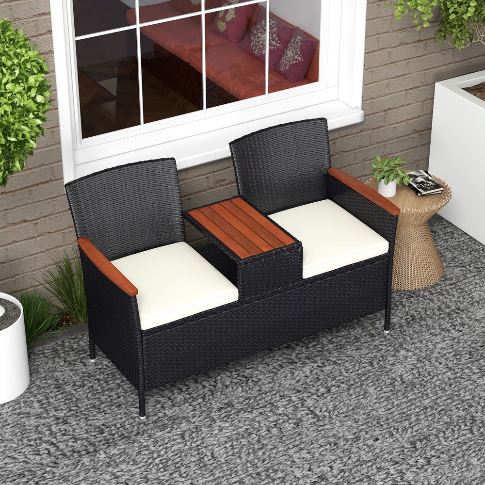 Outsunny Rattan Garden Bench - Wood Top Table - Wicker Chair - Cushions - Outdoor Furniture