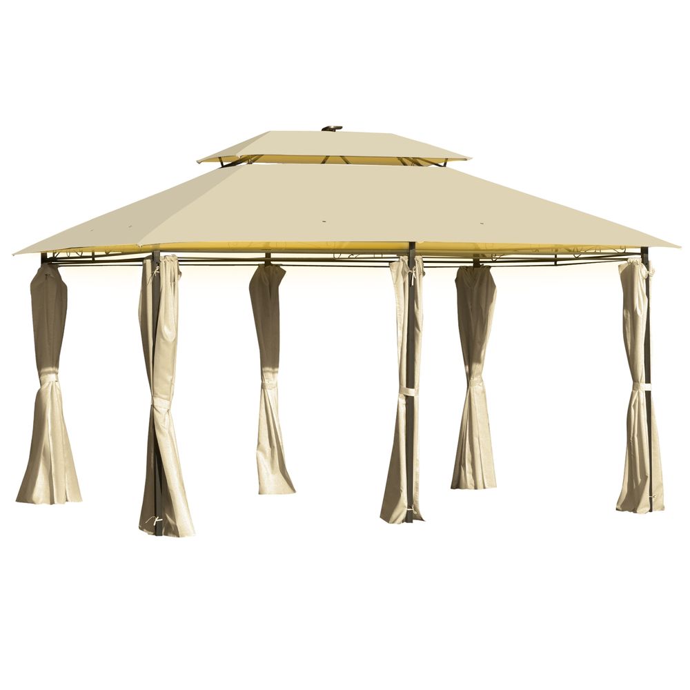 Outdoor Tent Garden Pavilion 4x3m | LED Solar Light | Steel Frame | Khaki
