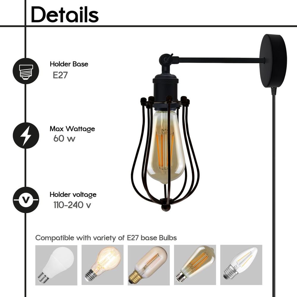 Black Vintage Industrial Light Plug in Wire cage E27 Wall Lamp~5059