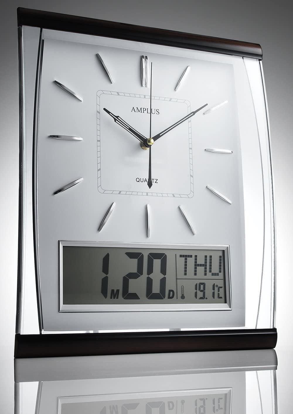 AMPLUS Silent Sweep Wall Clock | Large Digital Month/Date/Day Calendar | White | Premium Quality