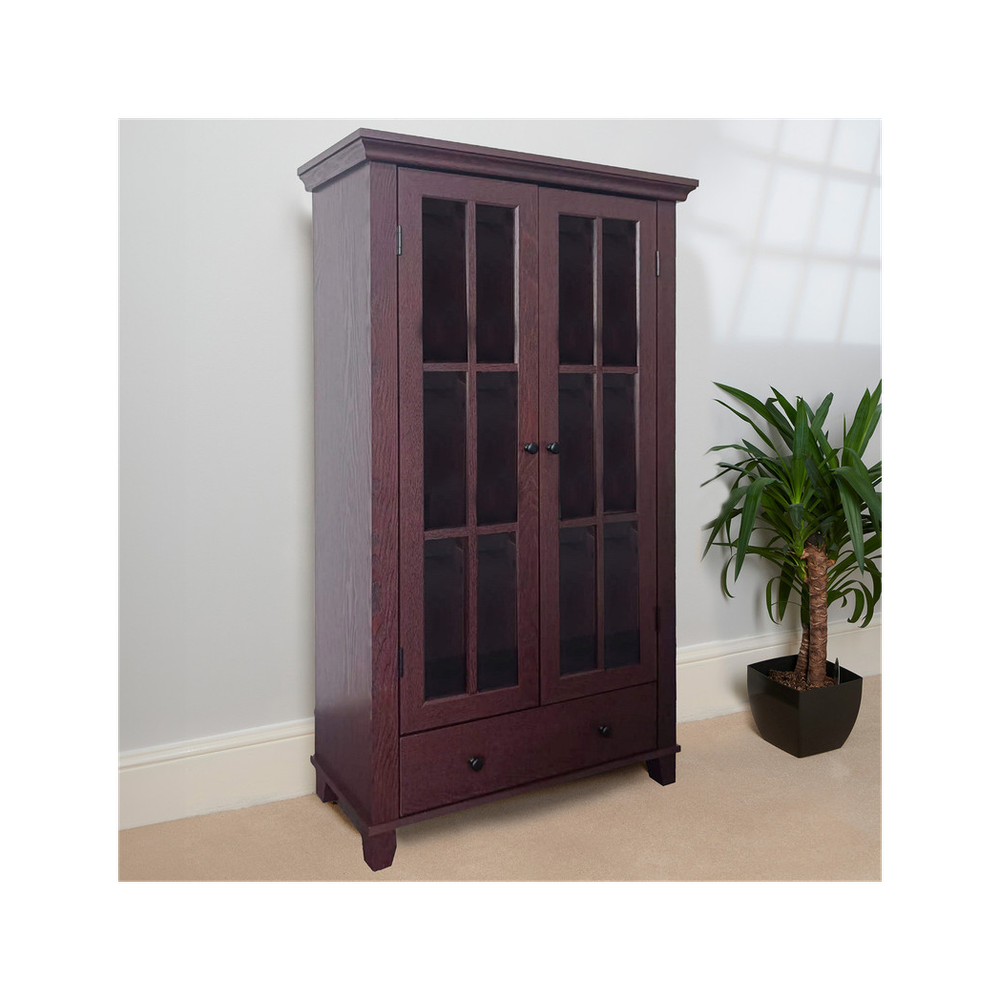 Greenhurst Display Cabinet, Media Storage with Shelving and Drawer, Double Perspex Doors H132.5 W76cm D30cm (Mahogany)