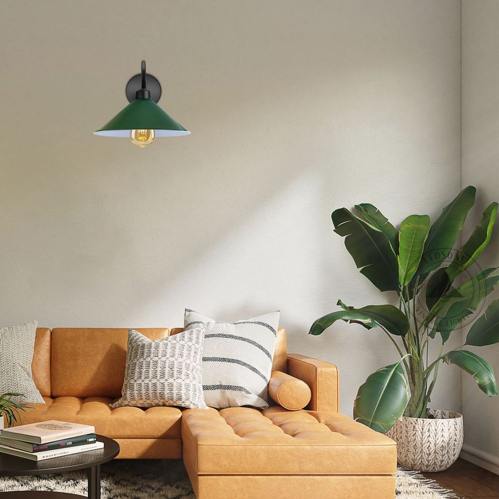 Green Wall Light Fixture,Black Wall Sconce E27 Base Socket Screw Type Wall Neck Cone Shape Shade