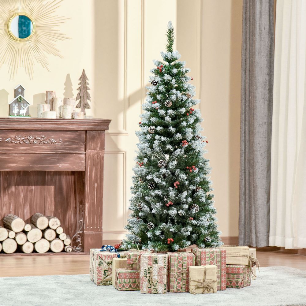 5FT Artificial Christmas Tree Pencil Tree Berries Pinecones Foldable Feet Green