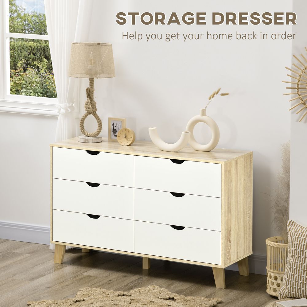 6 Drawer Storage Chest, Bedroom Dresser for Clothes, White & Brown, Anti-Tip Straps