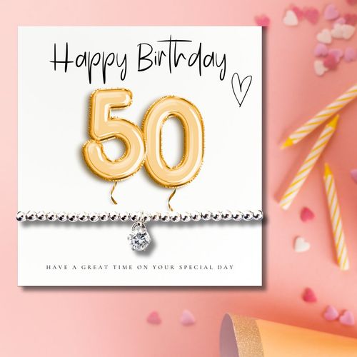Small 50th Birthday Gold Balloons Gift Hamper - Cubic Zirconia Bracelet, Chocolates & Candle