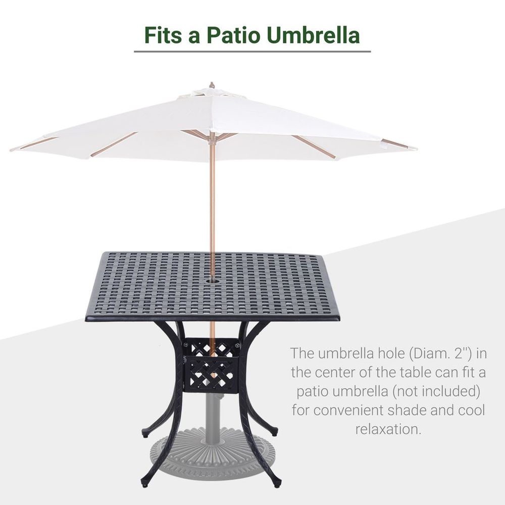 Outsunny Square Aluminium Outdoor Garden Dining Table with Umbrella Hole, Black