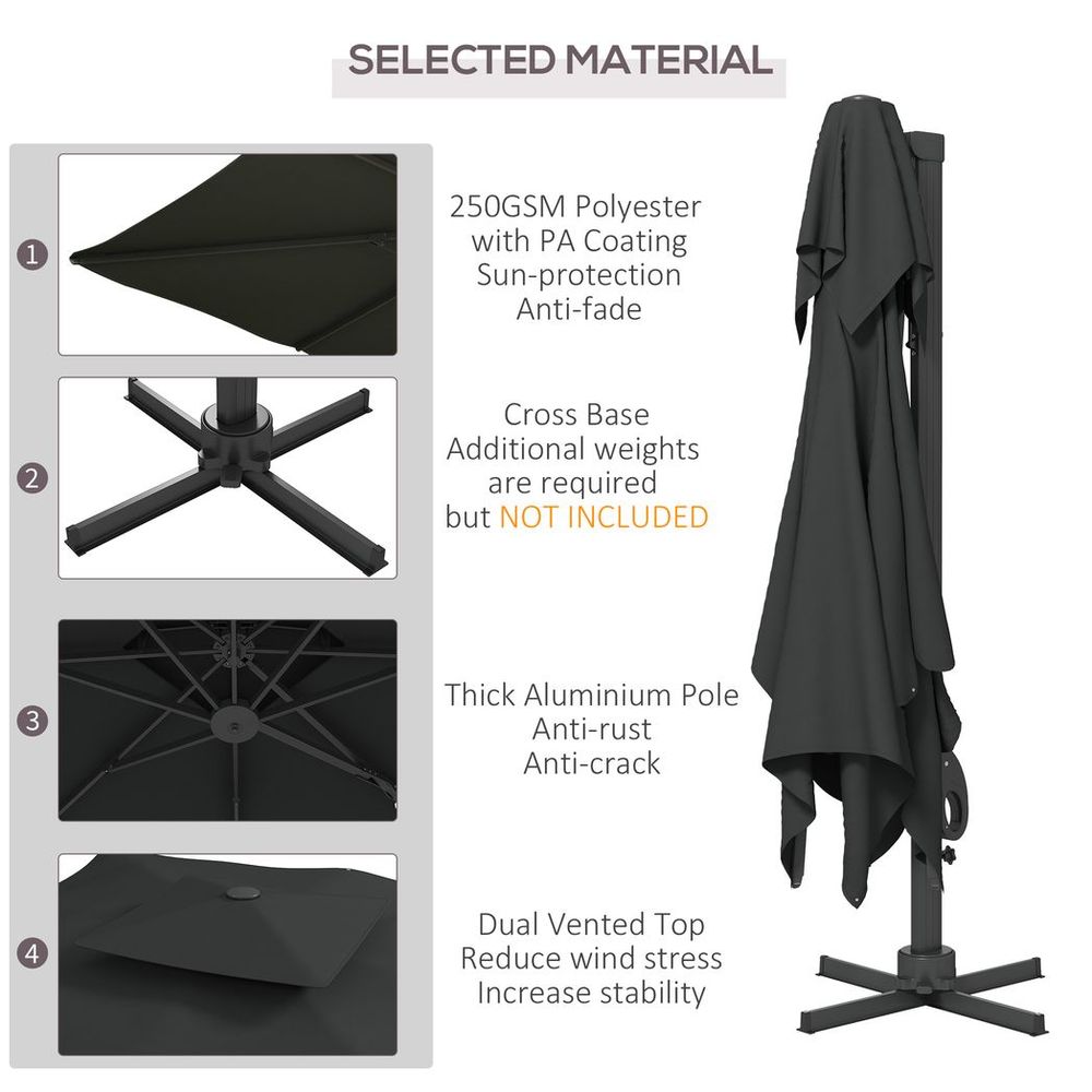 Outsunny 3m Cantilever Parasol Patio Umbrella, Hydraulic Mechanism, Dual Top - Grey