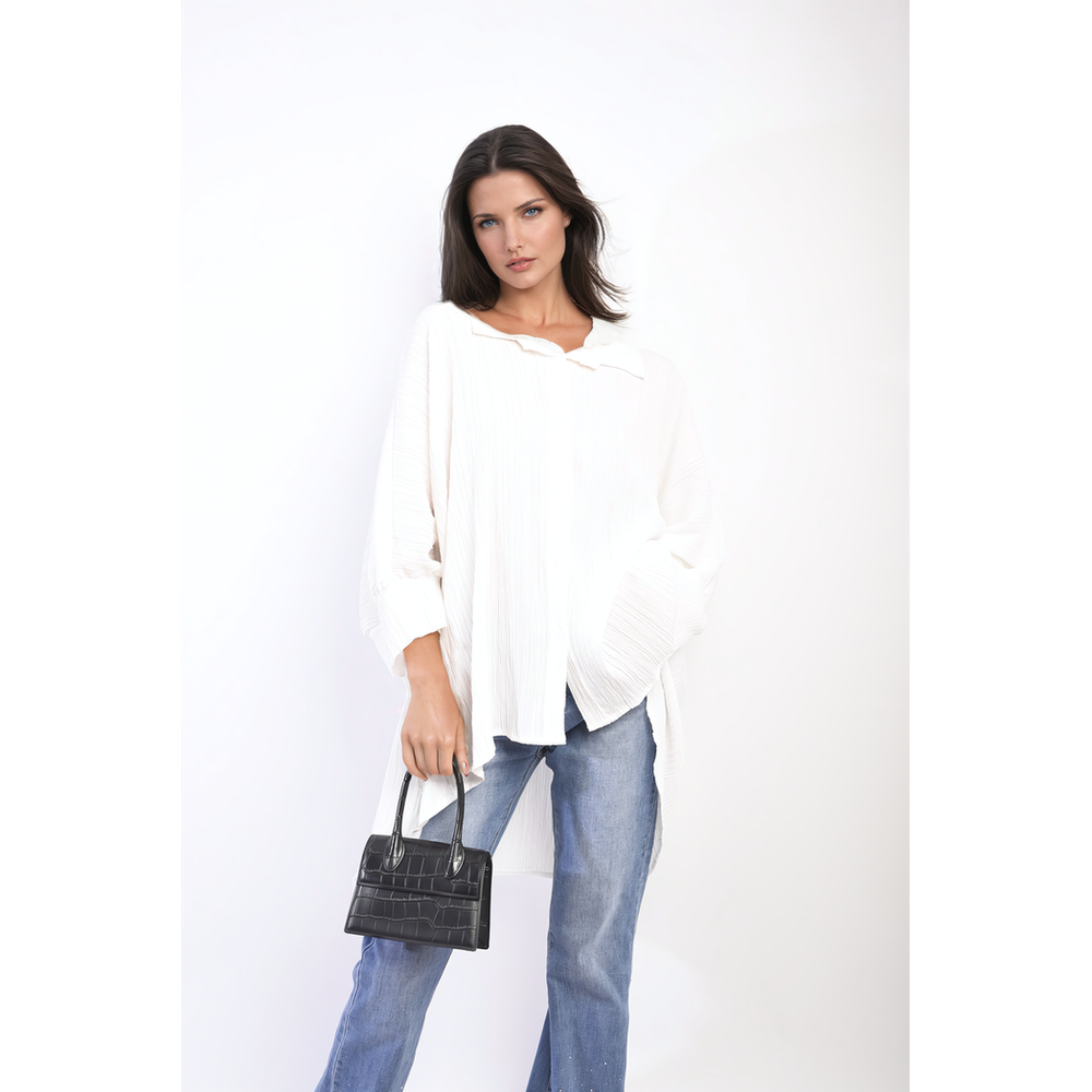 Angela Oversized Button Front Top - Stylish & Versatile Long Sleeve Shirt