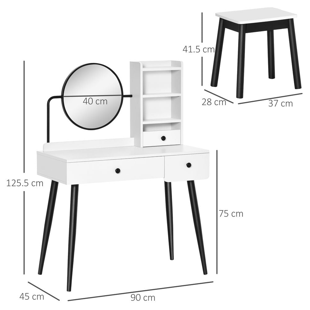 HOMCOM Dressing Table Set with Mirror and Stool, Vanity Makeup Table with 3 Drawers and Open Shelves for Bedroom, Living Room, White