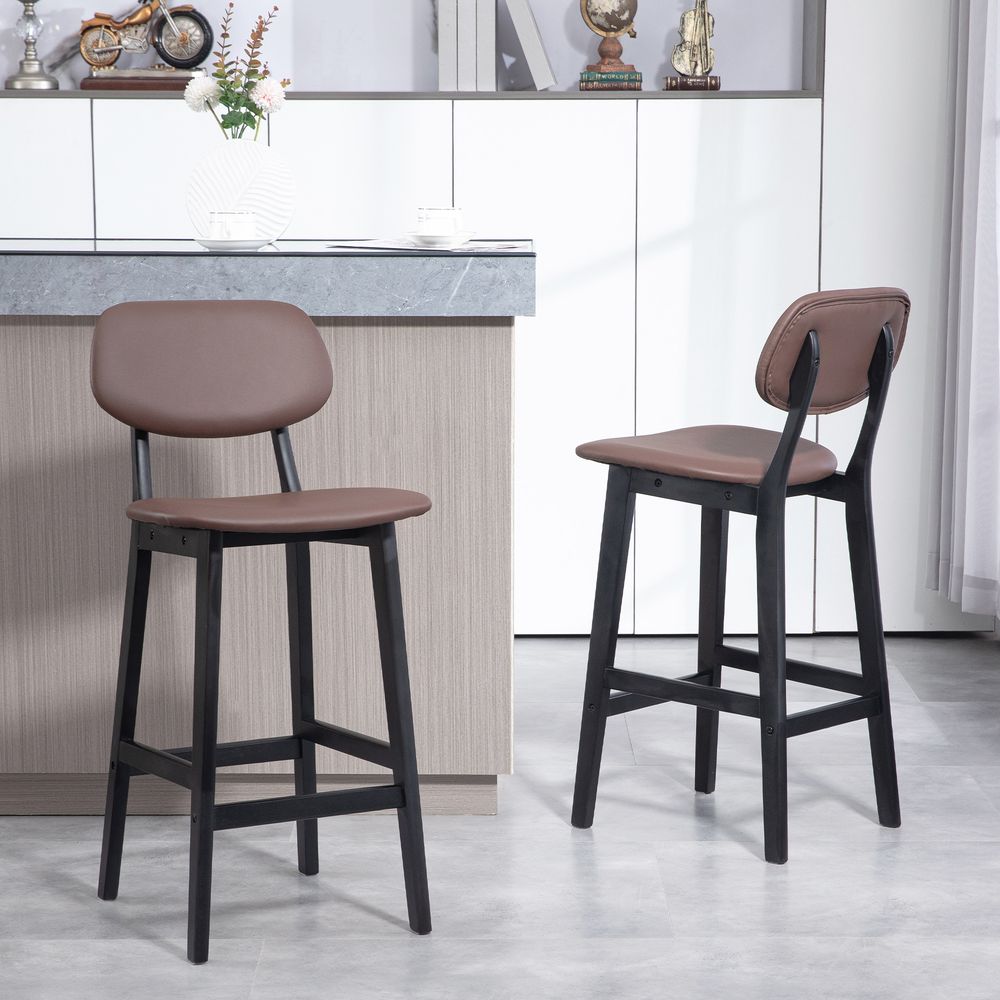 HOMCOM Breakfast Bar stools Set of 2 with PU Leather Cover, Wood Legs, Brown