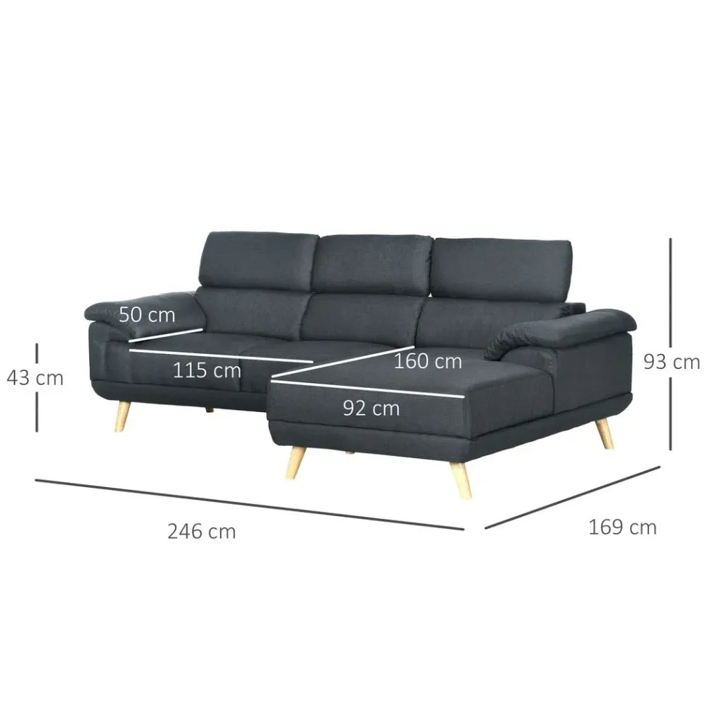 HOMCOM Corner Sofas for Living Room L Shaped Sofa with Adjustable Headrest Grey