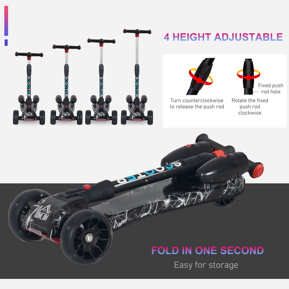 HOMCOM Scooter for Kids Toddler 3 Wheel Adjustable Height w/Flashing Wheels Music Water Spray Foldable Kick Scooter for Boys and Girls 3-6 Yrs Black