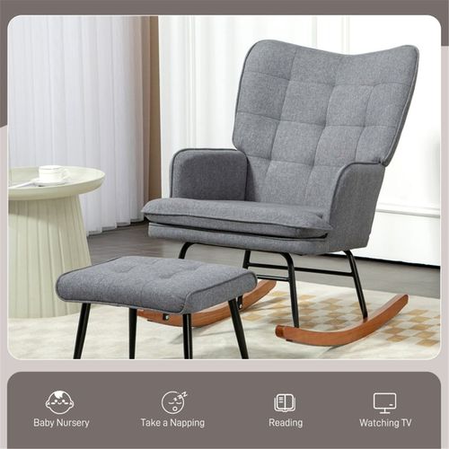 HOMCOM Rocking Chair and Ottoman Set, Fabric Armchair with Footstool, Wingback Chair for Living Room and Bedroom, Grey