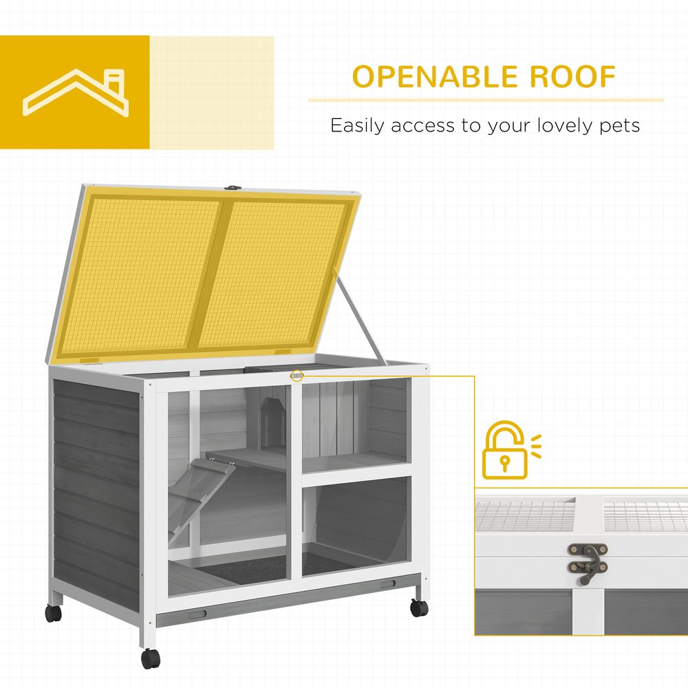 PawHut Rabbit Hutch Indoor Wooden Guinea Pig House Hamster Cage with Wheels, 2 Layers Bunny Cage with Openable Roof, 91.5 x 53.3 x 73 cm, Brown